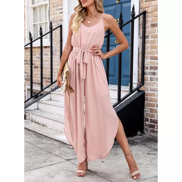 Happy Sailed Womens Jumpsuits Casual Spaghetti Strap Wide Leg Split Belted Jumpsuit Long Pants Romper Summer Outfits 2023
