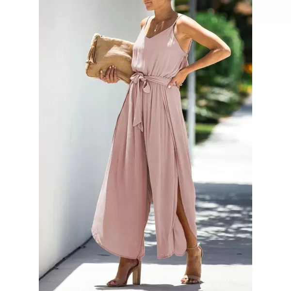 Happy Sailed Womens Jumpsuits Casual Spaghetti Strap Wide Leg Split Belted Jumpsuit Long Pants Romper Summer Outfits 2023