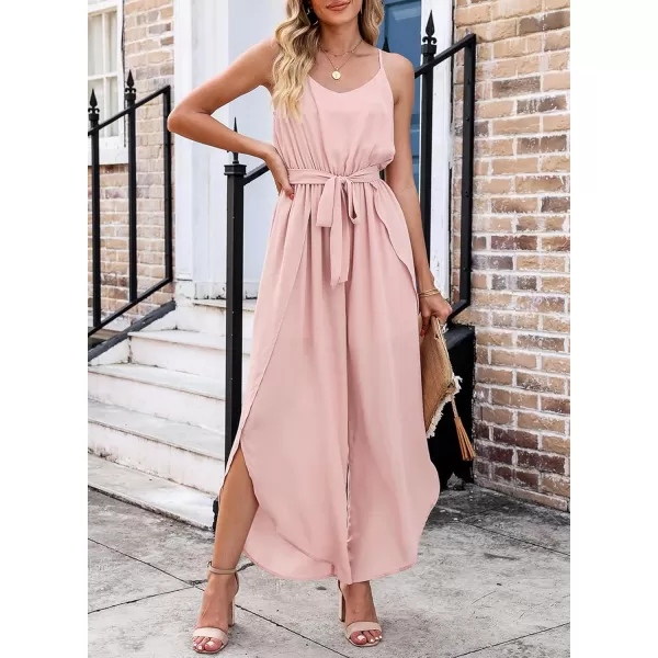 Happy Sailed Womens Jumpsuits Casual Spaghetti Strap Wide Leg Split Belted Jumpsuit Long Pants Romper Summer Outfits 2023