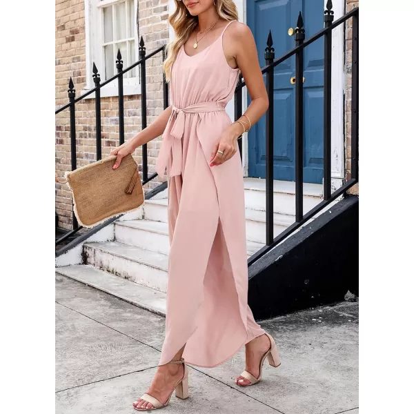Happy Sailed Womens Jumpsuits Casual Spaghetti Strap Wide Leg Split Belted Jumpsuit Long Pants Romper Summer Outfits 2023