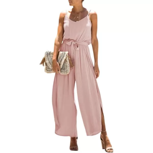 Happy Sailed Womens Jumpsuits Casual Spaghetti Strap Wide Leg Split Belted Jumpsuit Long Pants Romper Summer Outfits 2023