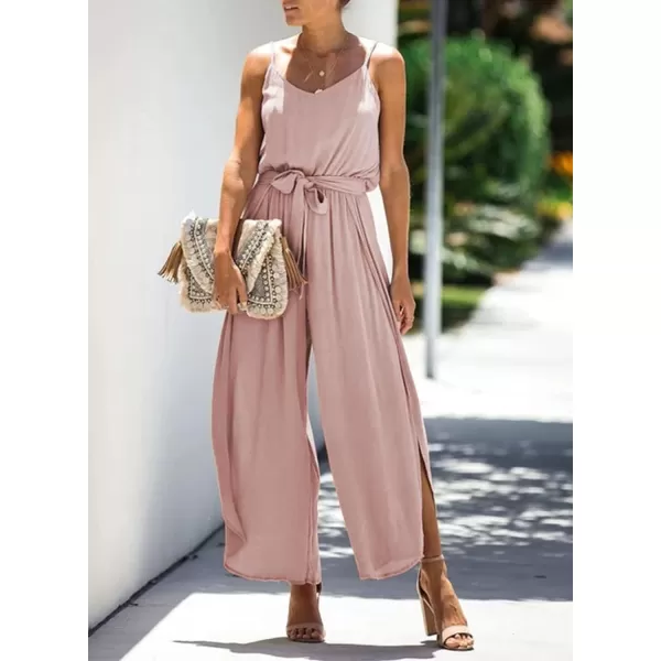 Happy Sailed Womens Jumpsuits Casual Spaghetti Strap Wide Leg Split Belted Jumpsuit Long Pants Romper Summer Outfits 2023