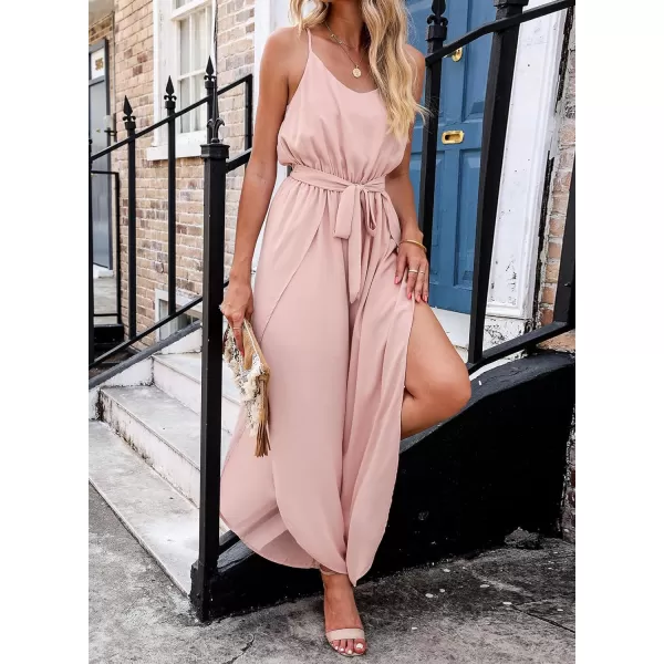 Happy Sailed Womens Jumpsuits Casual Spaghetti Strap Wide Leg Split Belted Jumpsuit Long Pants Romper Summer Outfits 2023