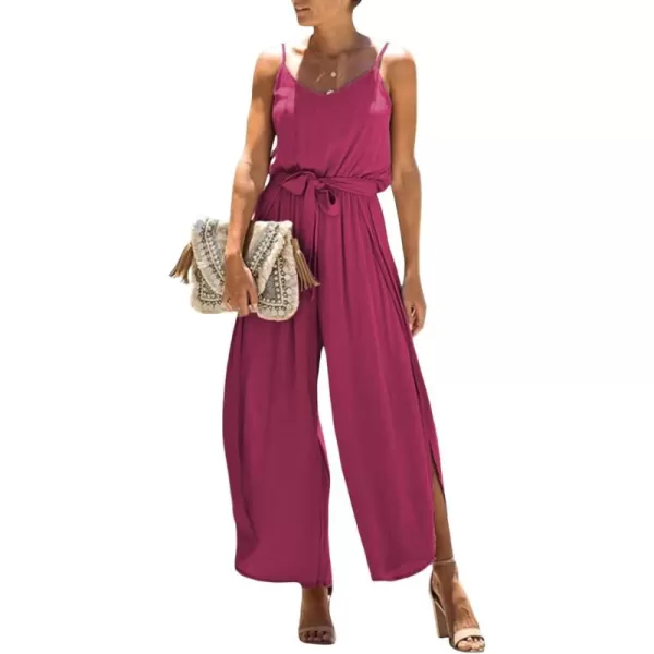 Happy Sailed Womens Jumpsuits Casual Spaghetti Strap Wide Leg Split Belted Jumpsuit Long Pants Romper Summer Outfits 2023