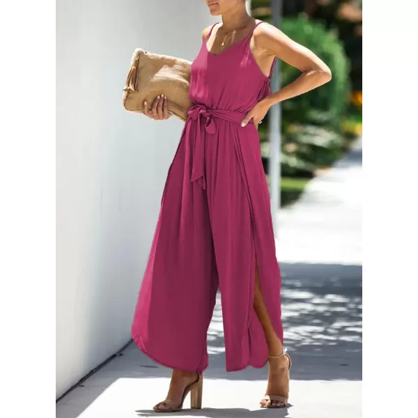 Happy Sailed Womens Jumpsuits Casual Spaghetti Strap Wide Leg Split Belted Jumpsuit Long Pants Romper Summer Outfits 2023