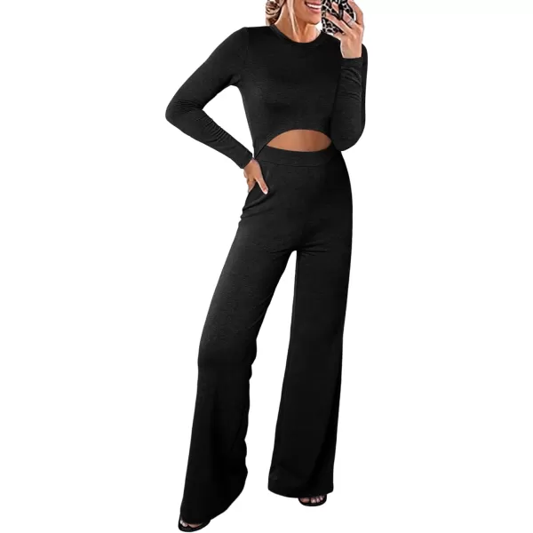 Happy Sailed Womens Jumpsuits Fall Fashion Long Sleeve Cutout High Waist Wide Leg Pants Rompers Jumpsuit