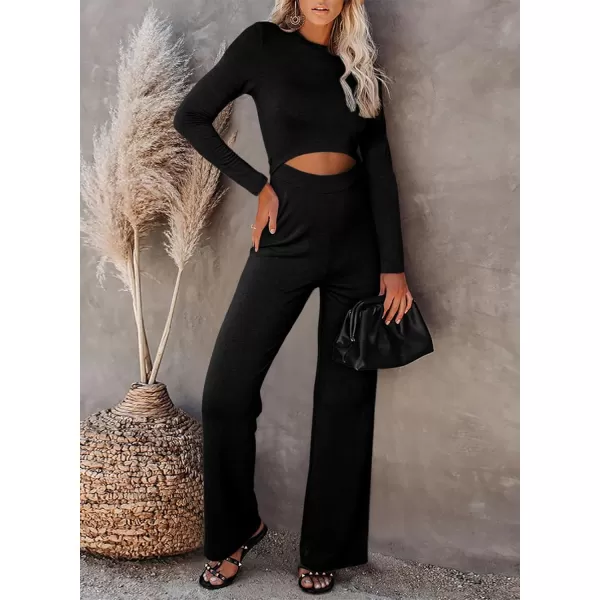 Happy Sailed Womens Jumpsuits Fall Fashion Long Sleeve Cutout High Waist Wide Leg Pants Rompers Jumpsuit