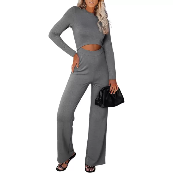 Happy Sailed Womens Jumpsuits Fall Fashion Long Sleeve Cutout High Waist Wide Leg Pants Rompers Jumpsuit
