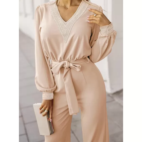 Happy Sailed Womens Jumpsuits Fashion Lace V Neck Long Sleeve Wide Leg Pants Romper with Belt