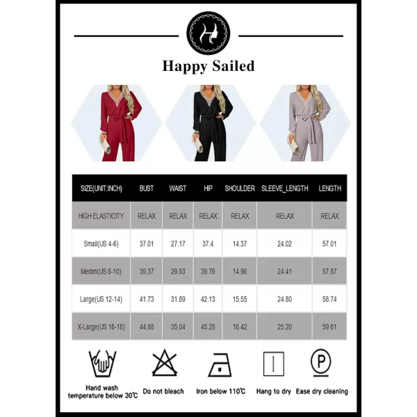 Happy Sailed Womens Jumpsuits Fashion Lace V Neck Long Sleeve Wide Leg Pants Romper with Belt