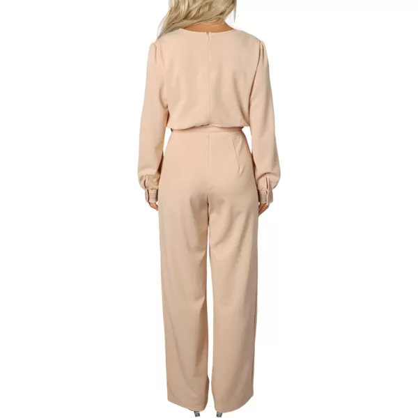 Happy Sailed Womens Jumpsuits Fashion Lace V Neck Long Sleeve Wide Leg Pants Romper with Belt