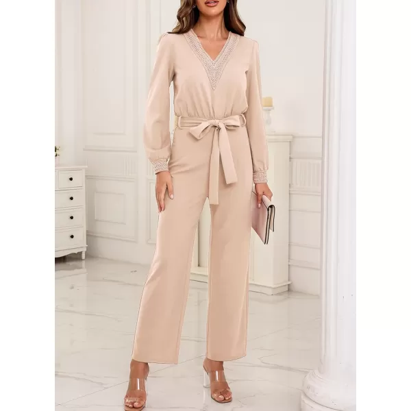 Happy Sailed Womens Jumpsuits Fashion Lace V Neck Long Sleeve Wide Leg Pants Romper with Belt