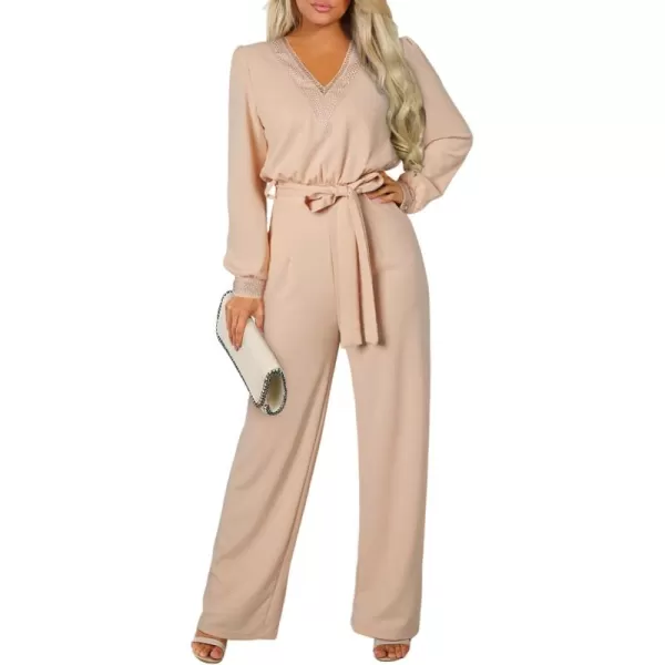 Happy Sailed Womens Jumpsuits Fashion Lace V Neck Long Sleeve Wide Leg Pants Romper with Belt