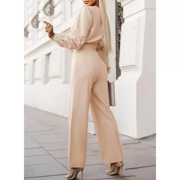 Happy Sailed Womens Jumpsuits Fashion Lace V Neck Long Sleeve Wide Leg Pants Romper with Belt