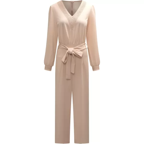 Happy Sailed Womens Jumpsuits Fashion Lace V Neck Long Sleeve Wide Leg Pants Romper with Belt