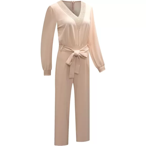 Happy Sailed Womens Jumpsuits Fashion Lace V Neck Long Sleeve Wide Leg Pants Romper with Belt
