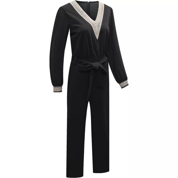 Happy Sailed Womens Jumpsuits Fashion Lace V Neck Long Sleeve Wide Leg Pants Romper with Belt