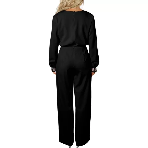 Happy Sailed Womens Jumpsuits Fashion Lace V Neck Long Sleeve Wide Leg Pants Romper with Belt