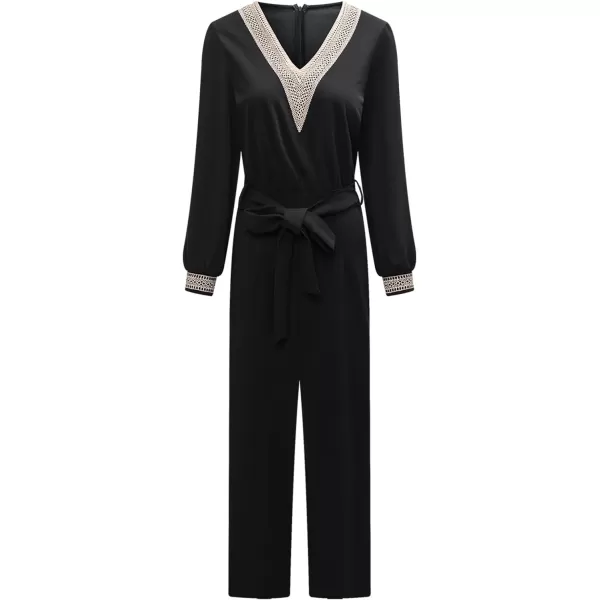 Happy Sailed Womens Jumpsuits Fashion Lace V Neck Long Sleeve Wide Leg Pants Romper with Belt