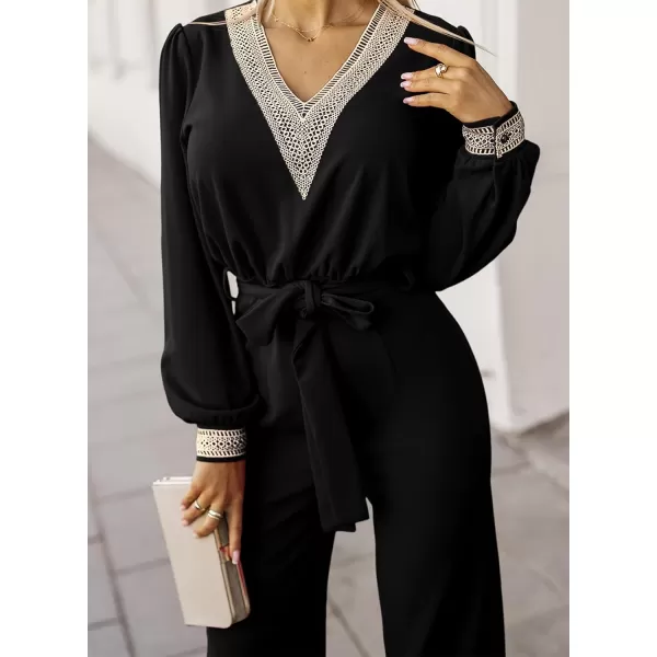 Happy Sailed Womens Jumpsuits Fashion Lace V Neck Long Sleeve Wide Leg Pants Romper with Belt