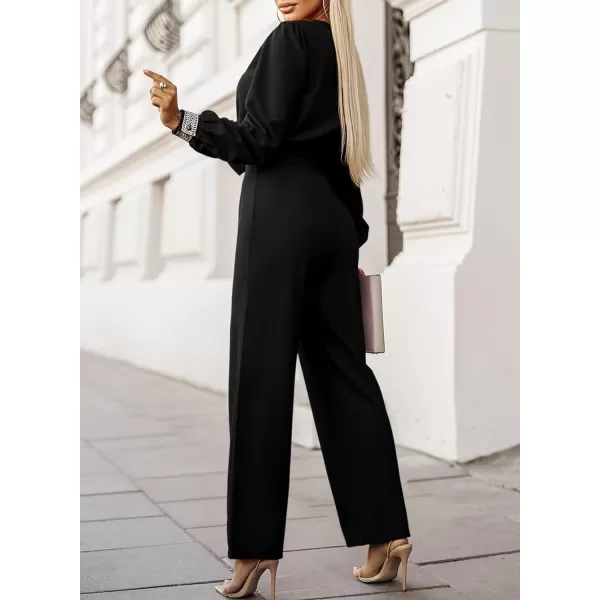 Happy Sailed Womens Jumpsuits Fashion Lace V Neck Long Sleeve Wide Leg Pants Romper with Belt