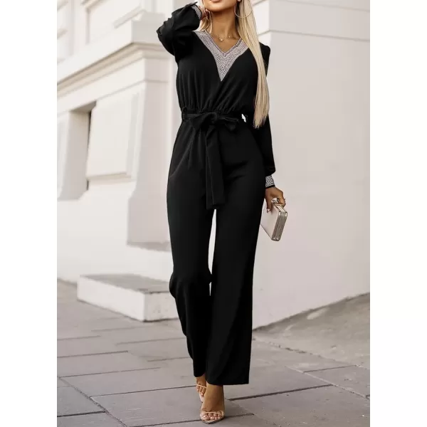 Happy Sailed Womens Jumpsuits Fashion Lace V Neck Long Sleeve Wide Leg Pants Romper with Belt