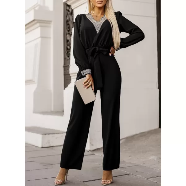 Happy Sailed Womens Jumpsuits Fashion Lace V Neck Long Sleeve Wide Leg Pants Romper with Belt