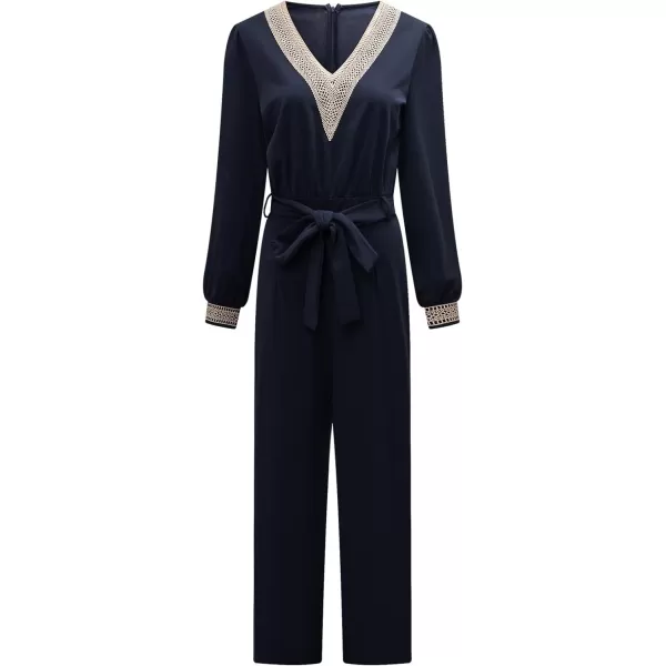 Happy Sailed Womens Jumpsuits Fashion Lace V Neck Long Sleeve Wide Leg Pants Romper with Belt