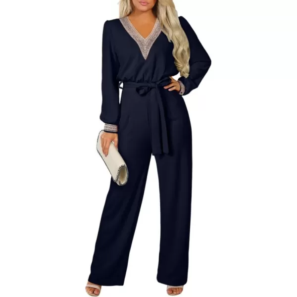 Happy Sailed Womens Jumpsuits Fashion Lace V Neck Long Sleeve Wide Leg Pants Romper with Belt