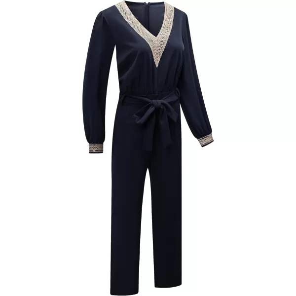 Happy Sailed Womens Jumpsuits Fashion Lace V Neck Long Sleeve Wide Leg Pants Romper with Belt
