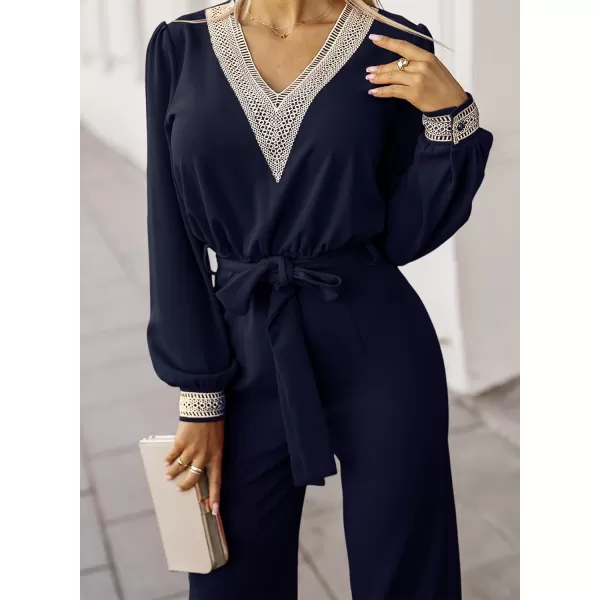 Happy Sailed Womens Jumpsuits Fashion Lace V Neck Long Sleeve Wide Leg Pants Romper with Belt