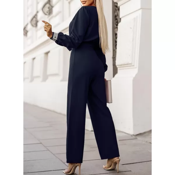 Happy Sailed Womens Jumpsuits Fashion Lace V Neck Long Sleeve Wide Leg Pants Romper with Belt