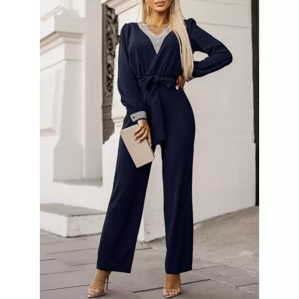 Happy Sailed Womens Jumpsuits Fashion Lace V Neck Long Sleeve Wide Leg Pants Romper with Belt