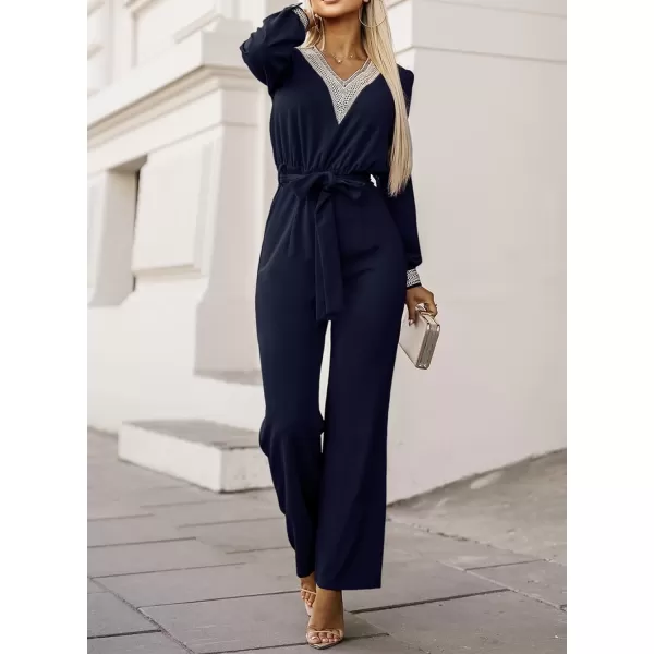 Happy Sailed Womens Jumpsuits Fashion Lace V Neck Long Sleeve Wide Leg Pants Romper with Belt