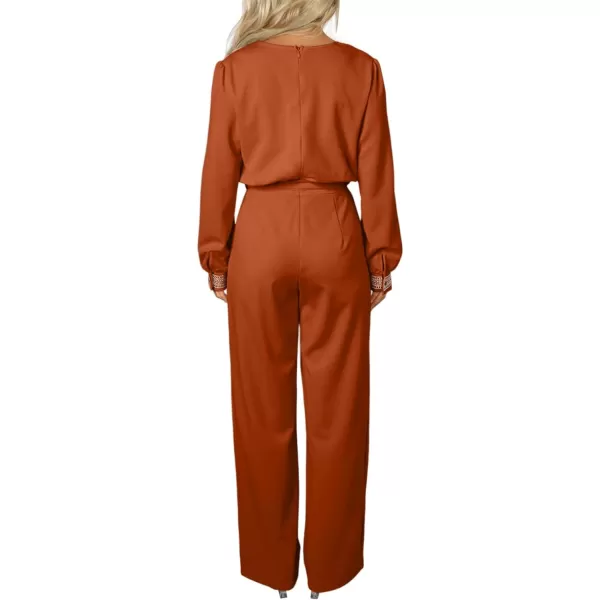 Happy Sailed Womens Jumpsuits Fashion Lace V Neck Long Sleeve Wide Leg Pants Romper with Belt