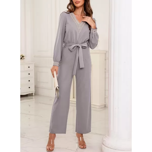Happy Sailed Womens Jumpsuits Fashion Lace V Neck Long Sleeve Wide Leg Pants Romper with Belt