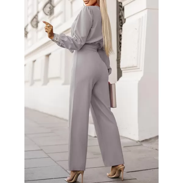 Happy Sailed Womens Jumpsuits Fashion Lace V Neck Long Sleeve Wide Leg Pants Romper with Belt