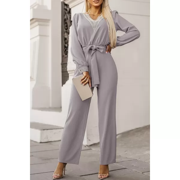 Happy Sailed Womens Jumpsuits Fashion Lace V Neck Long Sleeve Wide Leg Pants Romper with Belt