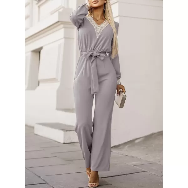 Happy Sailed Womens Jumpsuits Fashion Lace V Neck Long Sleeve Wide Leg Pants Romper with Belt