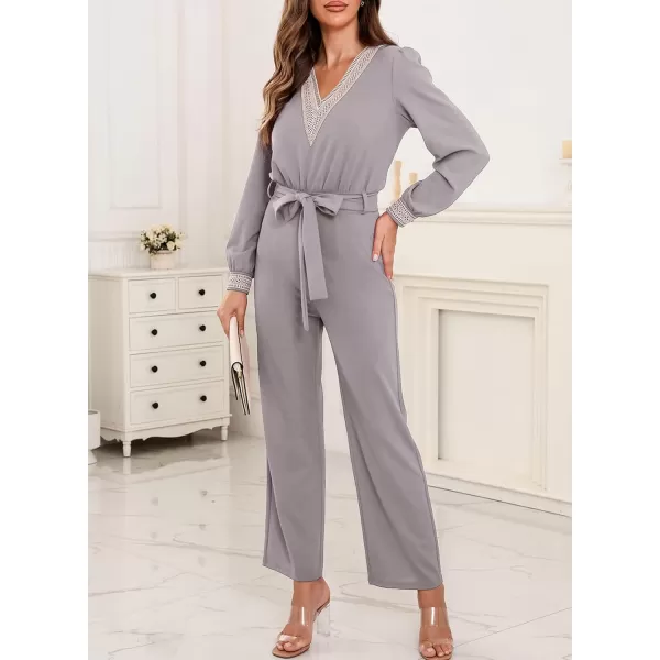 Happy Sailed Womens Jumpsuits Fashion Lace V Neck Long Sleeve Wide Leg Pants Romper with Belt