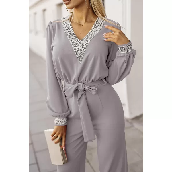 Happy Sailed Womens Jumpsuits Fashion Lace V Neck Long Sleeve Wide Leg Pants Romper with Belt
