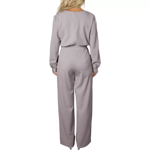 Happy Sailed Womens Jumpsuits Fashion Lace V Neck Long Sleeve Wide Leg Pants Romper with Belt