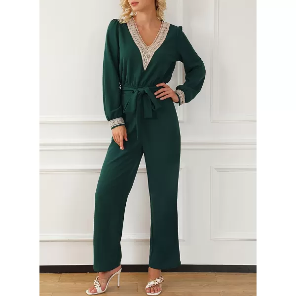 Happy Sailed Womens Jumpsuits Fashion Lace V Neck Long Sleeve Wide Leg Pants Romper with Belt