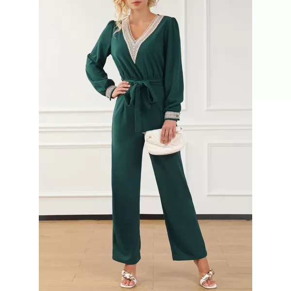 Happy Sailed Womens Jumpsuits Fashion Lace V Neck Long Sleeve Wide Leg Pants Romper with Belt