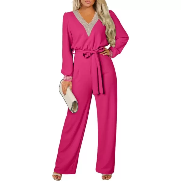 Happy Sailed Womens Jumpsuits Fashion Lace V Neck Long Sleeve Wide Leg Pants Romper with Belt