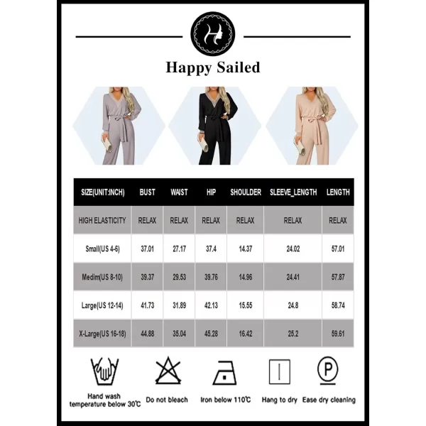 Happy Sailed Womens Jumpsuits Fashion Lace V Neck Long Sleeve Wide Leg Pants Romper with Belt