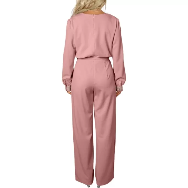 Happy Sailed Womens Jumpsuits Fashion Lace V Neck Long Sleeve Wide Leg Pants Romper with Belt
