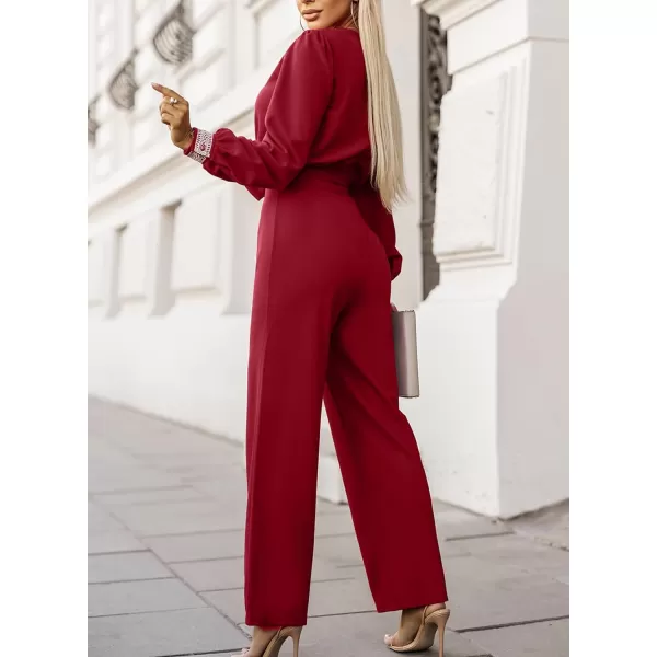 Happy Sailed Womens Jumpsuits Fashion Lace V Neck Long Sleeve Wide Leg Pants Romper with Belt