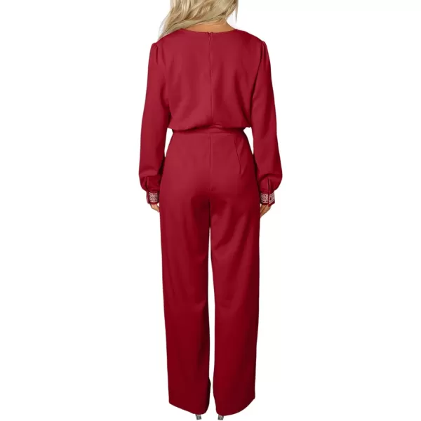 Happy Sailed Womens Jumpsuits Fashion Lace V Neck Long Sleeve Wide Leg Pants Romper with Belt