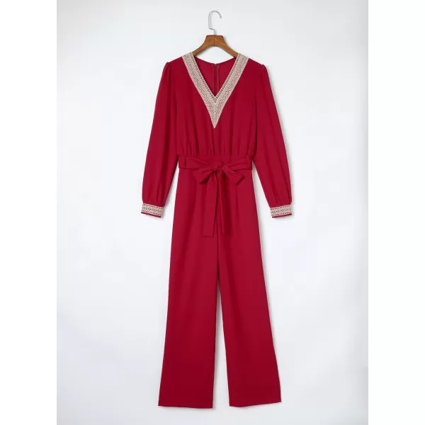 Happy Sailed Womens Jumpsuits Fashion Lace V Neck Long Sleeve Wide Leg Pants Romper with Belt